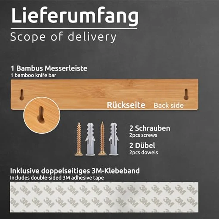 ECENCE Bambus Messerleiste magnetisch selbstklebend, 40cm, Messerhalter Wandmontage oder Selbstklebend, Messer Magnetleiste mit starkem Magnet, Werkzeugleiste, Schlüsselbrett, echter Bambus mit natürlicher Maserung – Bild 4
