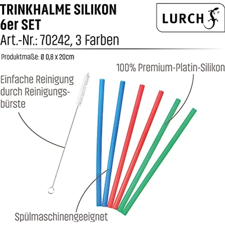 LURCH 70242 Trinkhalme Silikon, 6er Set 20cm (Ø 0,8cm) in verschiedenen Farben mit Reinigungsbürste, lebensmittelecht und BPA-frei – Bild 4