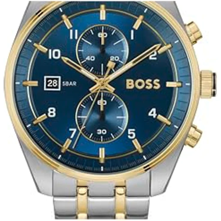 BOSS Chronograph Quarz Uhr SKYTRAVELLER, blaues Zifferblatt, zweifarbiges Edelstahlarmband, 5 ATM wasserdicht, 44 mm Gehäusedurchmesser, Datumsanzeige - 1514247 – Bild 4
