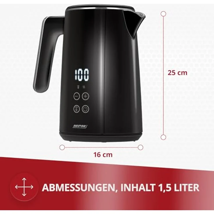 MPM MCZ-120/C Wasserkocher 1,5L, Doppelwand-Design, Temperaturregelung 40-100°C, Edelstahl-Innenbehälter, 2200W, Geräuscharm, Schwarz – Bild 2
