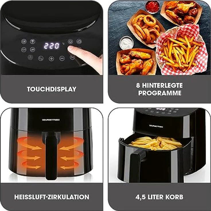 GOURMETmaxx Heißluftfritteuse 4,5L 1400 W | Mit 8 verschiedenen Programmen ideal zum Braten, Grillen, Rösten etc. | Besonders fettarme und schonende Zubereitung | Timer & Abschaltautomatik – Bild 3