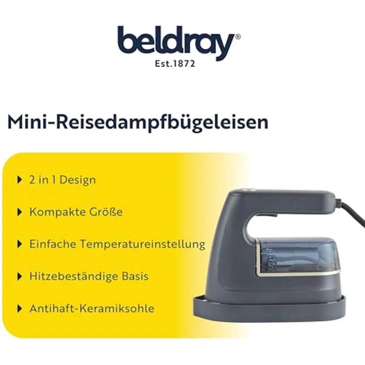 Beldray BEL01610VDE 2 in 1 Bügeleisen & Dampfglätter, Mini-Reisedampfbügeleisen mit hitzebeständiger Aufbewahrungsbasis, keramikbeschichteter Sohle, 100 ml Wassertank, 1200W – Bild 2