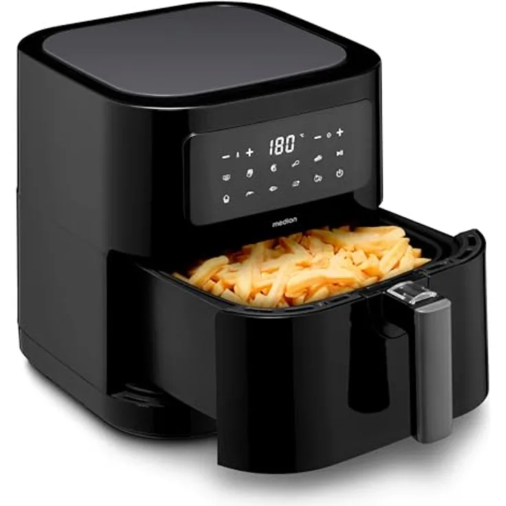 MEDION E40 XL Heißluftfritteuse (5,2 Liter Frittierkorb, 2.150 Watt, 9 Automatikprogramme, Backfunktion, ölfreies Frittieren, Touch Bedienfeld, LED Anzeige) schwarz