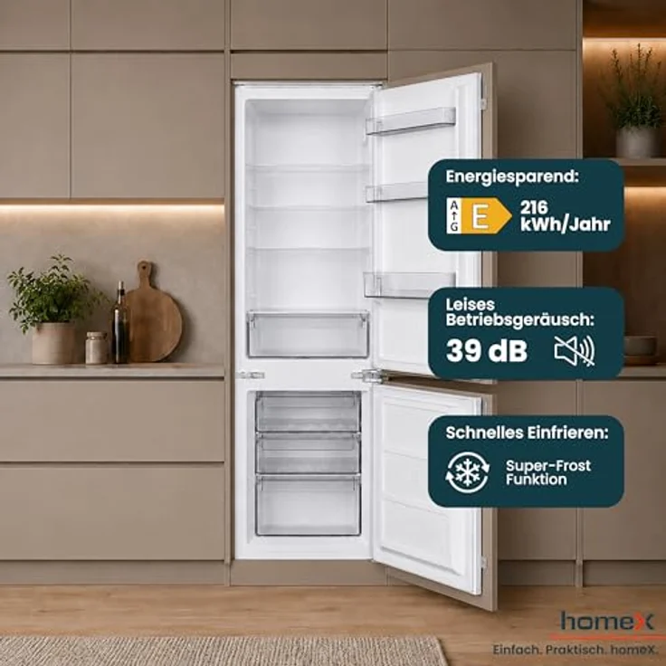 homeX CFB2491E Einbaukühlschrank mit Gefrierfach, 249 Liter, Schlepptür, 178 cm Nische, Energieeffizienzklasse E, leise mit 39 dB – Bild 6