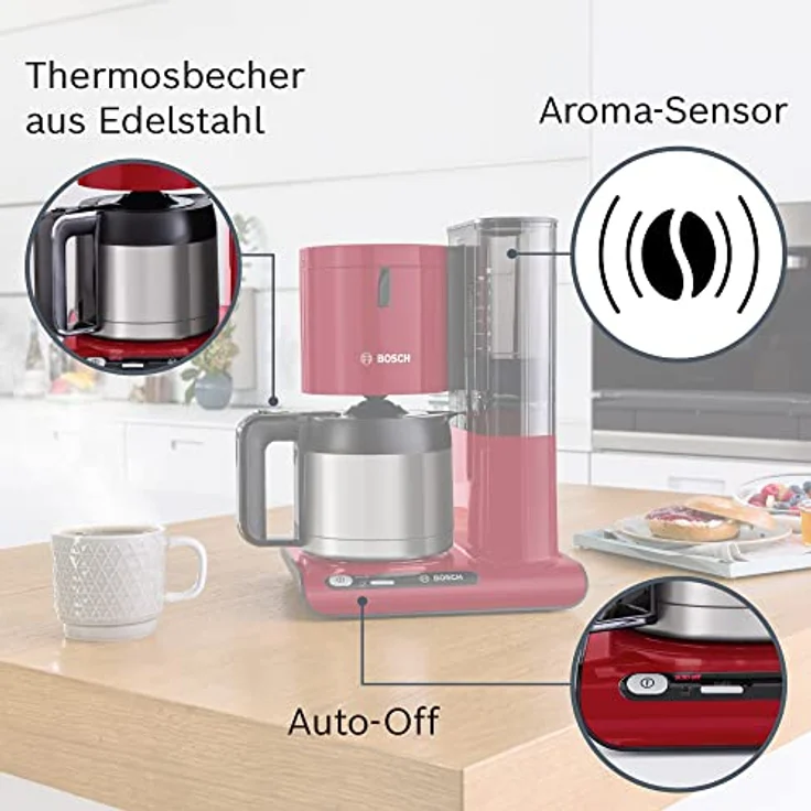 Bosch Filterkaffeemaschine Styline TKA8A054, Edelstahl-Thermokanne 1,1 L, für 8-12 Tassen, abnehmbarer Wassertank, Tropfstopp, schwenkbarer Filterträger, Kabelstaufach, 1100 W, rot – Bild 2