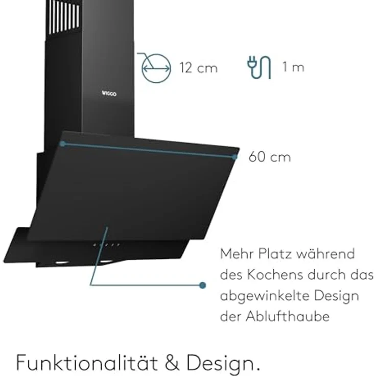 Wiggo A642 Dunstabzugshaube 60cm kopffrei I Abluft Umluft Dunstabzug 626m³/h - Touch-Display 4 Stufen I Energieeffizienzklasse A Schräghaube inkl. 2x Kohlefilter I Abzugshaube Glasfront schwarz – Bild 5