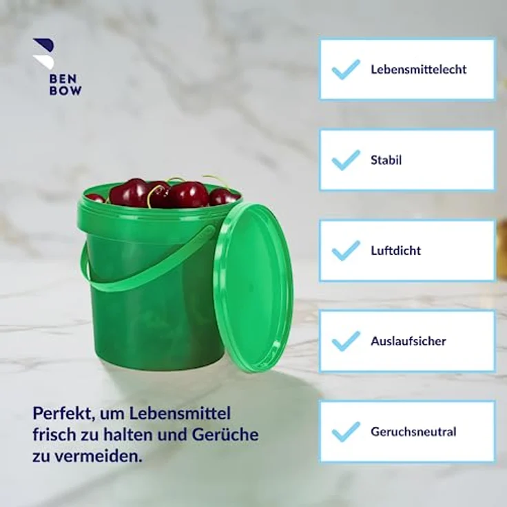 BenBow Eimer mit Deckel 1l grün 1x 1 Liter - lebensmittelecht, stabil, luftdicht, auslaufsicher, geruchsneutral - Aufbewahrungsbehälter aus Kunststoff, mit Henkel - leer – Bild 3