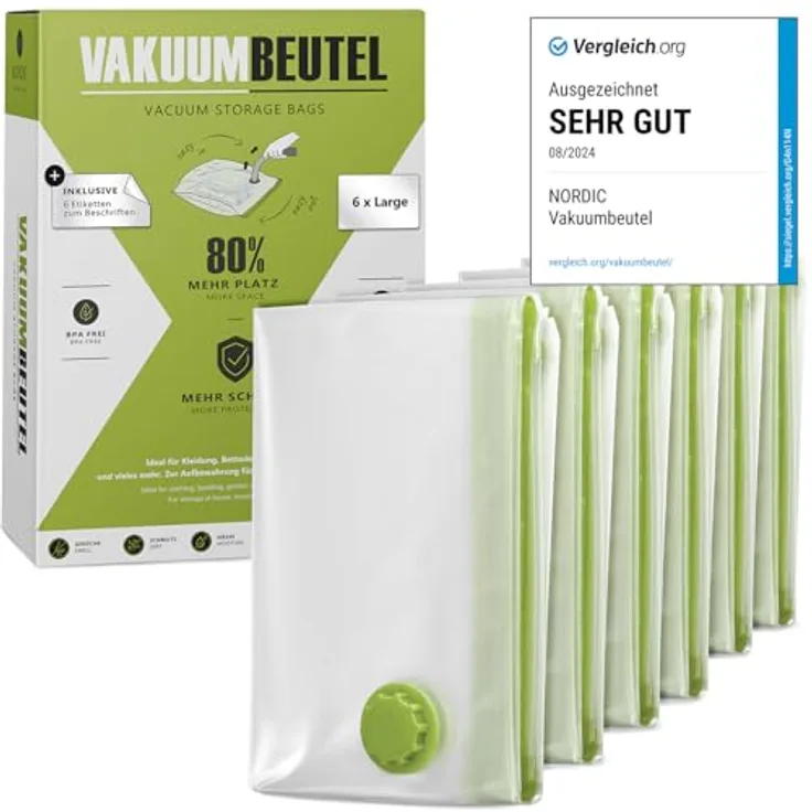 NORDIC® Vakuumbeutel 6er Set Größe L, 80x60cm, BPA-frei, wiederverwendbar, ideal für Kleidung und Bettdecken, geruchs- und schimmelresistent, inkl. Etiketten zur Beschriftung