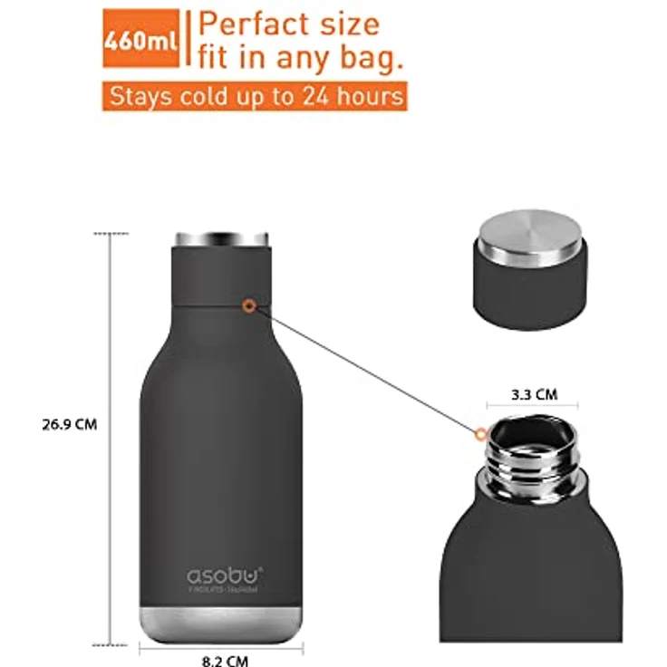 ASOBU Isolierte und doppelwandige Edelstahl-Flasche, 473 ml, Schwarz, Urban Water Bottle, Divers – Bild 5