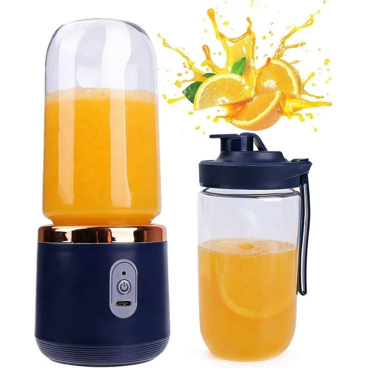 AKKEE Tragbarer Entsafter, 2-in-1 Mixer für Säfte und Smoothies, wiederaufladbar, dunkelblau, 1200mAh Akku, Edelstahlklingen