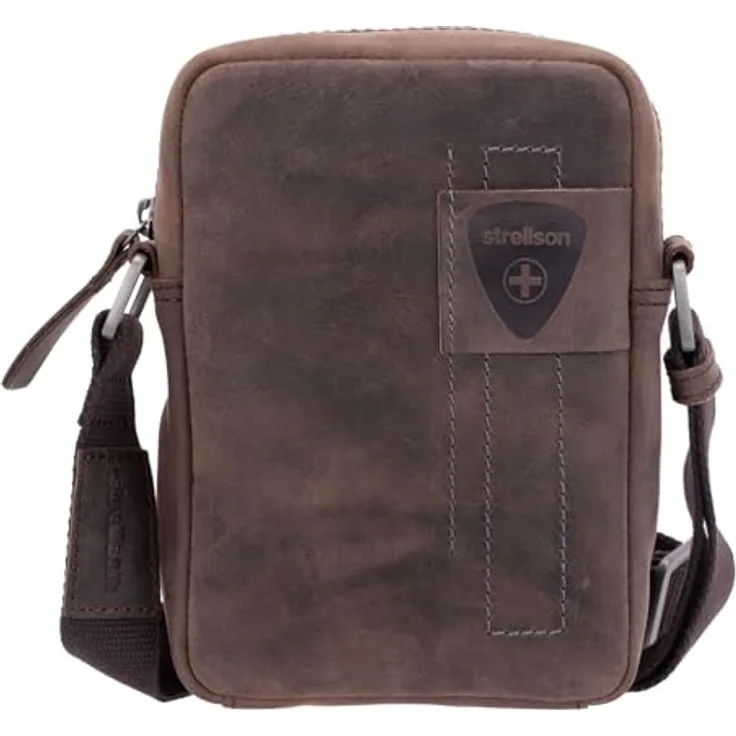 Strellson Richmond Clint Shoulderbag, dunkelbraune Umhängetasche aus hochwertigem Rindsleder, verstellbarer Schulterriemen, kompakte Maße 13x18,5x4,5 cm