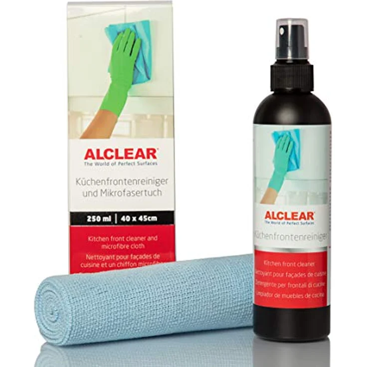 ALCLEAR 721KR Küchenfrontenreiniger 250ml mit Profi Mikrofasertuch, reinigt Hochglanz lackierte Küchen streifenfrei, gegen Schmutz, Fingerabdrücke & Fett, Schwarz/Blau, 1 Stück (1er Pack) – Bild 1
