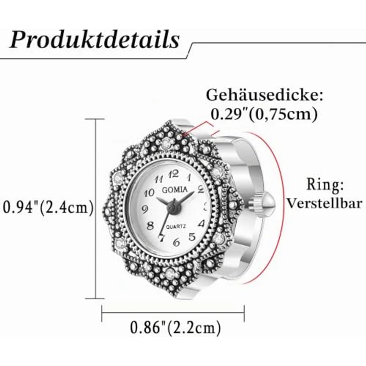JewelryWe Ringuhr Damen, Analog Quarz, Retro mit Blumenmuster, Edelstahl, Verstellbar, Weißes Zifferblatt, Silber Gehäuse, 3ATM Wasserdicht – Bild 2