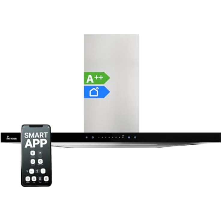 KKT KOLBE FLAT9006ED Dunstabzugshaube 90 cm, Wandhaube, Edelstahl mit schwarzem Glas, WLAN, Nachlaufautomatik, SensorTouch Bedienung, Energieeffizienzklasse A++