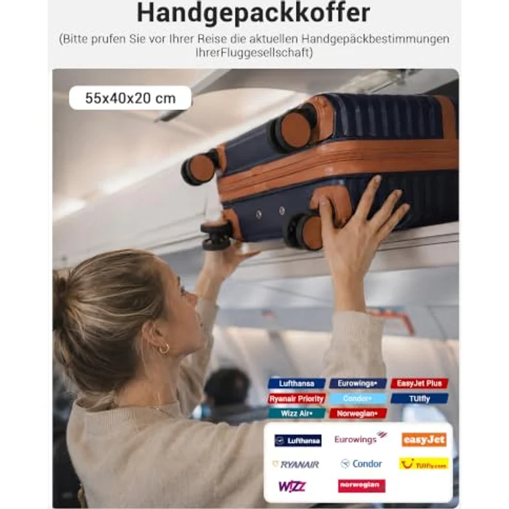 KONO Handgepäck Koffer 55x40x20cm, Leichter Reisekoffer aus kratzfestem ABS+PC, Dunkelblau mit leisen 360° Doppelrollen und integriertem Zahlenschloss – Bild 2