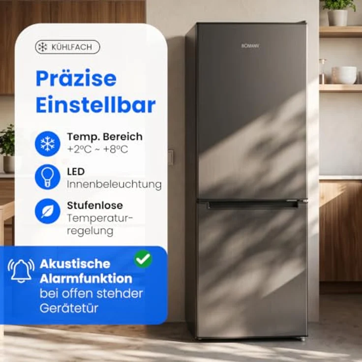 Bomann® KG 320.3 Kühlschrank mit Gefrierfach, 143 cm, Kühl-Gefrierkombination in dark-inox, 173L, leise, Türanschlag wechselbar – Bild 3