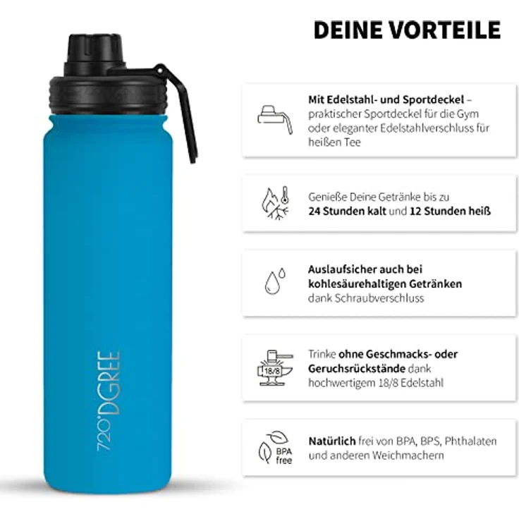 720°DGREE Edelstahl Trinkflasche “noLimit” 1200ml - Auslaufsicher, Kohlensäure geeignet, BPA-frei, Thermosflasche mit gratis Sportdeckel – Bild 2