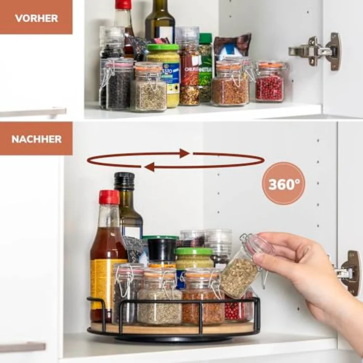 eluno Drehteller aus Metall mit Bambusboden Ø ca. 25 cm, drehbares Gewürzregal, Lazy Susan Schrankorganizer, Badorganizer (Schwarz) – Bild 2