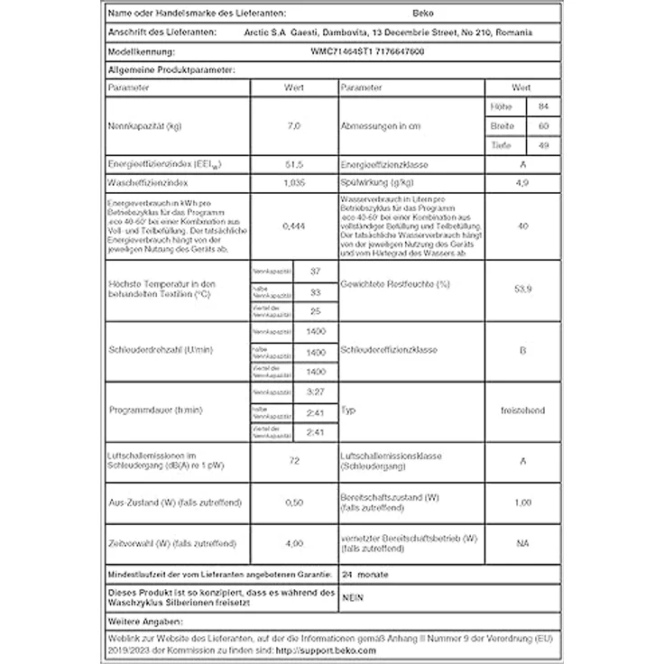 Beko WMC71464ST1 Waschvollautomat, Waschmaschine, 7kg, 1400 U/min, SteamCure Dampffunktion, allergikergeeignet, Express-Funktion, StainExpert, ProSmart Inverter Motor, nur 49 cm tief, Weiß – Bild 5