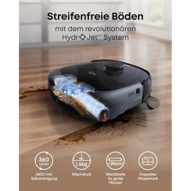eufy Omni E28 HydroJet Saugroboter mit Wischfunktion, 20.000Pa Turbo-Saugkraft, tragbarer Tiefenreiniger, DuroSpiral Entwirrbürsten, CornerRover Arm, All-in-One-Station für Tiere & Kinder – Bild 4