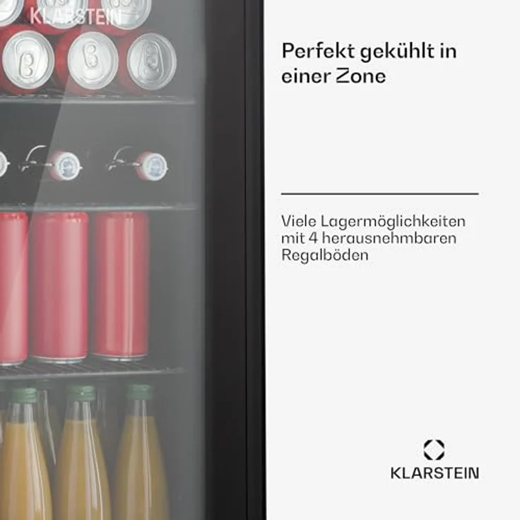 Klarstein Mini Kühlschrank mit Glastür, 115L Getränkekühlschrank mit 4 herausnehmbaren Ablagen, leise, 0-10°C, Edelstahl – Bild 4
