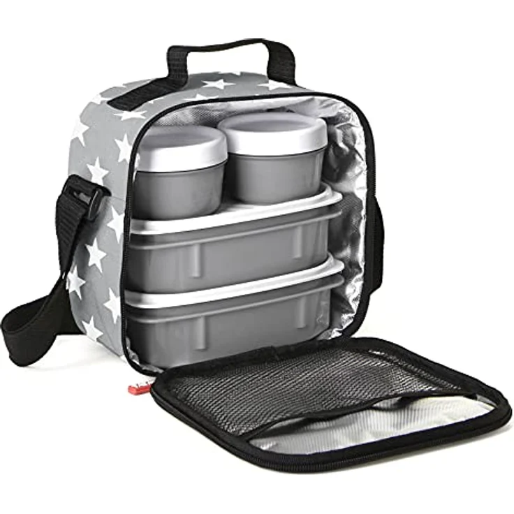 Tatay Kühltasche Klein, 3L Kapazität, 4 Kunststoff Frischaltendosen (2 x 0,5 l, 2 x 0,2 l) BPA frei, Grau mit Sternen. Messen 22,5 x 10 x 22 cm – Bild 2