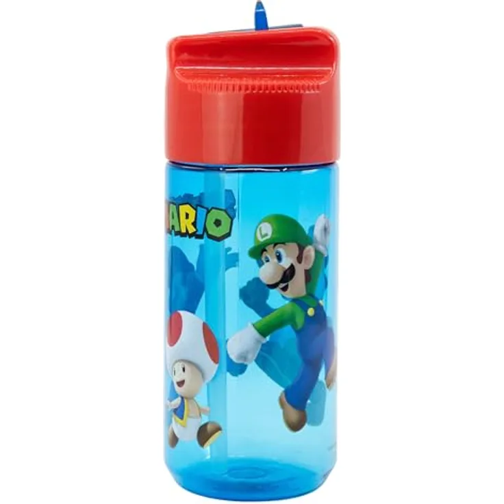 Storline Super Mario Trinkflasche, 430 ml auslaufsicher mit Klappdeckel, Tritan