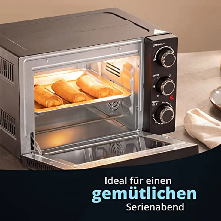 KHG Minibackofen MBO-15S, schwarzer Brotbackofen mit 15l Garraum, Umluft, Ober-/Unterhitze, 6 Funktionsstufen, 60min Timer, Innenbeleuchtung, inkl. Backblech und Grillrost – Bild 5
