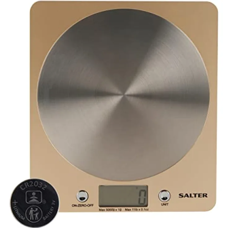Salter 1036 OLFEU16 Olympus Digitale Küchenwaage - elektrische Lebensmittelwaage mit Edelstahl Plattform, einer Kapazität 5kg, Backwaage mit Tara-Funktion, misst Flüssigkeiten, LCD-Anzeige, Gold