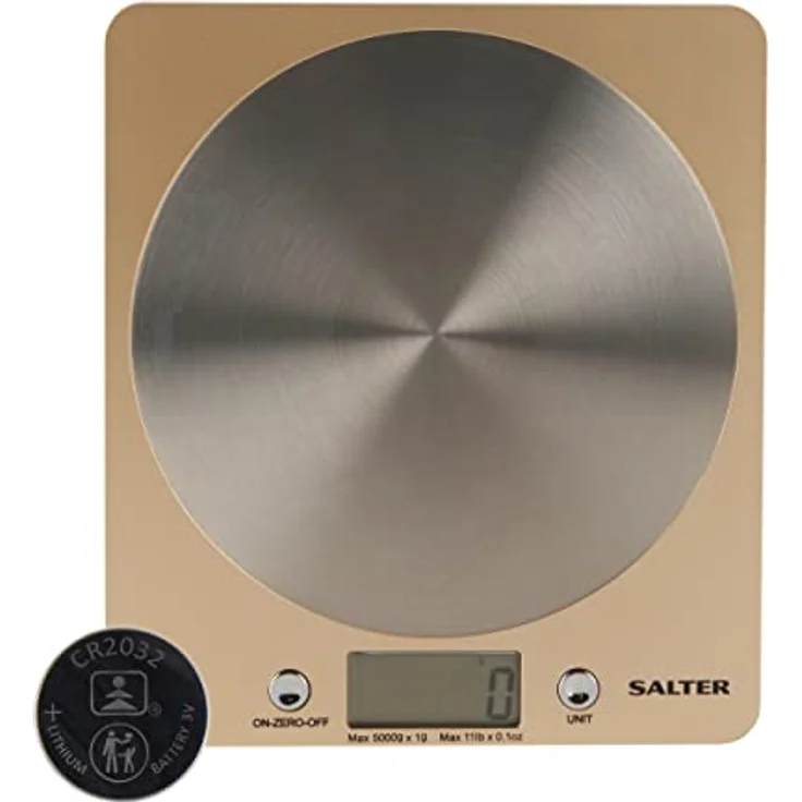 Salter 1036 OLFEU16 Olympus Digitale Küchenwaage - elektrische Lebensmittelwaage mit Edelstahl Plattform, einer Kapazität 5kg, Backwaage mit Tara-Funktion, misst Flüssigkeiten, LCD-Anzeige, Gold – Bild 1
