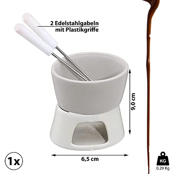Cepewa 1 x Keramik Schokofondue Set Fondue-Set Schokolandenfondue weiß inkl. 2 Edelstahlgabeln (1 x Schokofondue-Set) - Preisvergleich – Bild 2