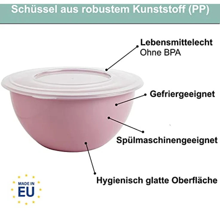 Schüssel mit Deckel 5l, Salatschüssel mit Deckel, Rührschüssel, Kunststoff (PP) BPA-frei, Farbe: hell grau, pastell rosa und grün, Transparent Deckel, Ø 28 cm, Made in EU – Bild 3
