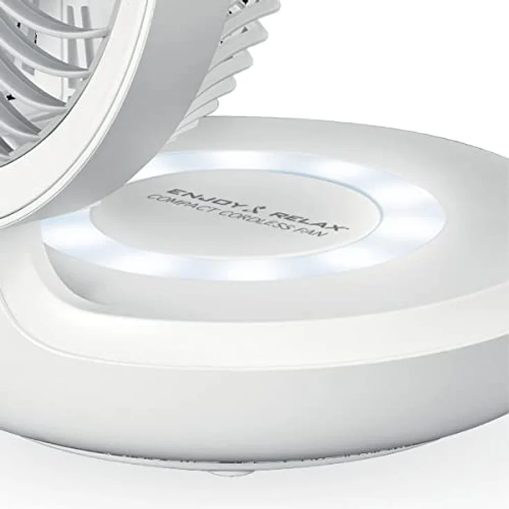Macom Enjoy & Relax 990, Kabelloser Tischventilator mit USB, oszillierend, 4 Geschwindigkeitsstufen, LED-Licht, wiederaufladbar, 19 cm Durchmesser, weiß – Bild 5