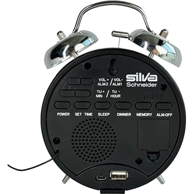 SILVA Schneider URW 240 Retro Uhrenradio, Weckfunktion mit Doppelglockenwecker, dimmbares LED-Display, Einschlaf-Timer, Wecken mit Klingel oder Radio, Chrom – Bild 3