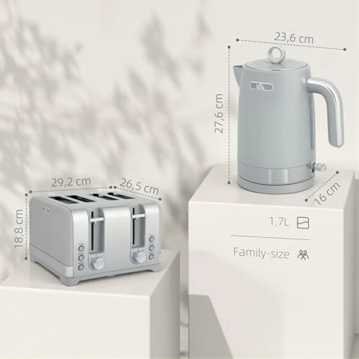 HOMCOM Wasserkocher Toaster Set, 1,7L Wasserkocher 2200W und 4-Scheiben Toaster in Mattgrau mit polierten Akzenten – Bild 8