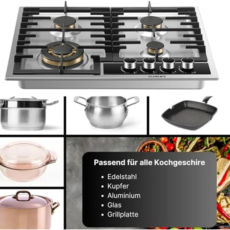 KB ELEMENTS Gaskochfeld ELK60GH2, 4-flammig mit Vollkupfer-Brenner, 60cm, Wok-Dreifachbrenner, Edelstahl 304, automatische Sicherheitsabschaltung, LPG/NG – Bild 8