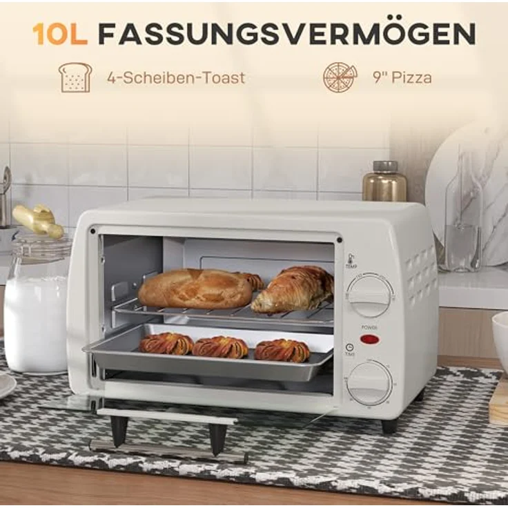 HOMCOM Mini Backofen 10 Liter 750W Kleiner Elektrobackofen mit Temperatur bis zu 230 ℃ Timer 60 Minuten Backblech und Rost 36,5x26x22 cm Cremeweiß – Bild 3