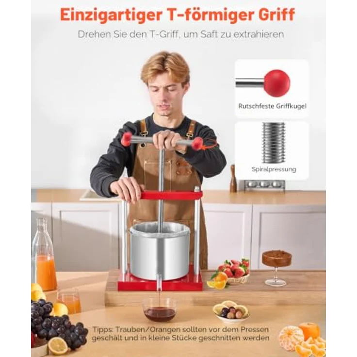 VEVOR Obstweinpresse SFP-6L, 6L Manuelle Saftpresse mit T-Griff, Edelstahlfässer und robuste Aluminiumlegierung für die Küche – Bild 4