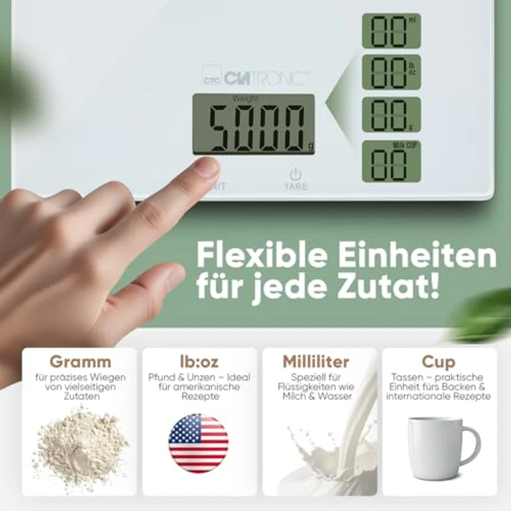 Clatronic KW 3820 Küchenwaage digital, 5 kg, hohe Präzision mit 1 g Schritten, Zuwiegefunktion, stabiles Glas, weiß – Bild 2