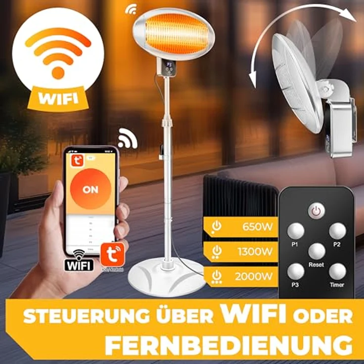 KESSER® Infrarot Heizstrahler 2000W, Terrassenstrahler mit WIFI & Fernbedienung, 360° drehbar, höhenverstellbar, IPX4 spritzwassergeschützt, Stand- & Wandmontage, für Balkon & Garten – Bild 2
