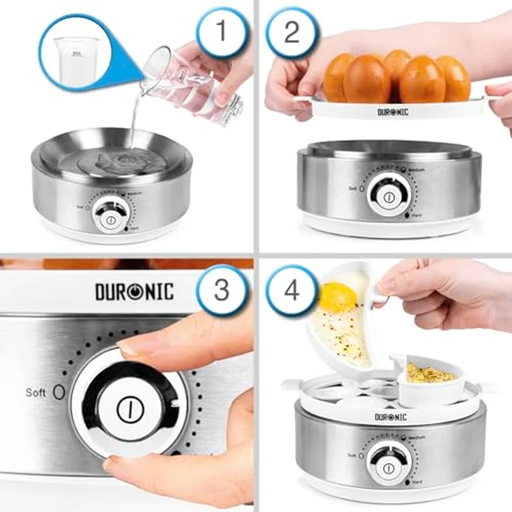 Duronic EB40 WE, Eierkocher für 1–7 Eier, 400 W mit Härtegradeinstellung, Timer, Überhitzungsschutz, inkl. Messbecher und Eipick, kompakt in Weiß – Bild 4