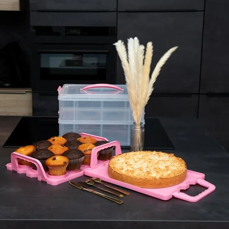 INTIRILIFE Transportbox Behälter für Kuchen und Cupcakes 2 Etagen aus Kunststoff in Pink - 36.1 x 26.1 x 21.2 cm - Großzügiger Stauraum für bis zu 24 Cupcakes - Flexibles und sicheres Design - Leicht zu reinigen – Bild 5