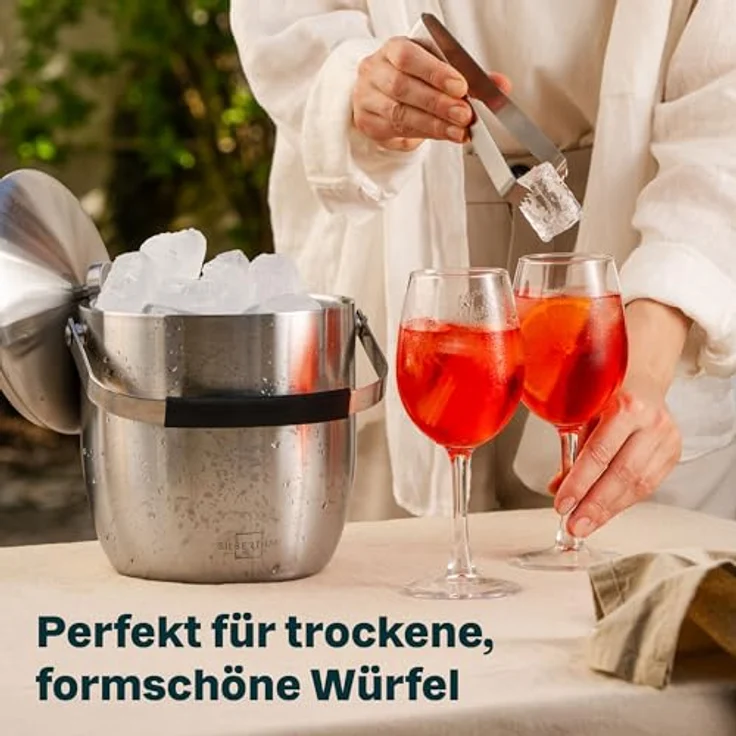 SILBERTHAL Eiswürfelbehälter Edelstahl 3L, Doppelwandig Isoliert mit Deckel & Zange, Eiskübel für Cocktails, Wein und Sekt – Bild 2