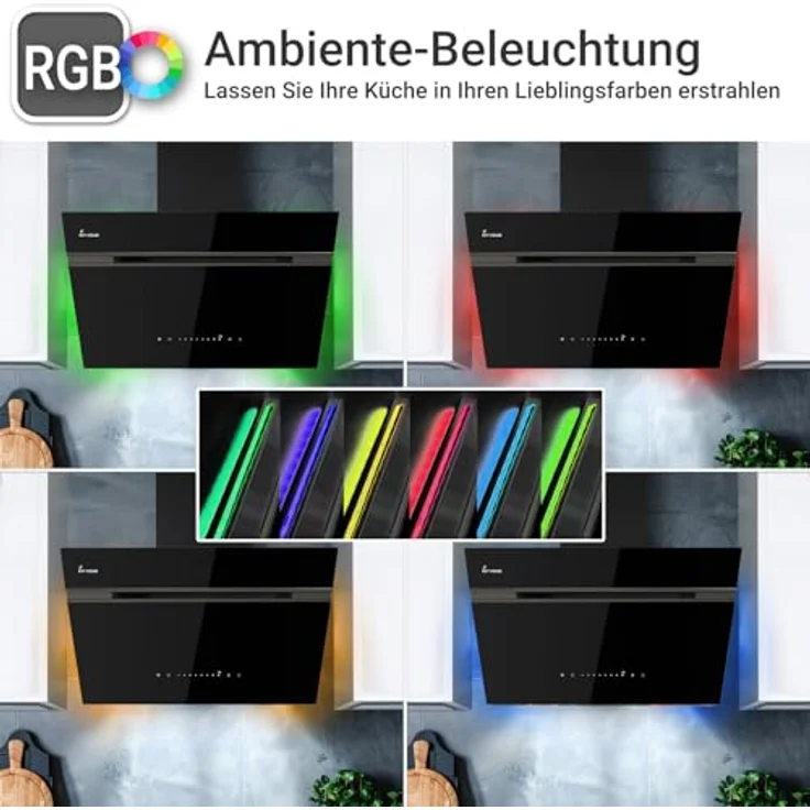 KKT KOLBE AURORA6005FB Dunstabzugshaube 60 cm, 782 cbm/h, Kopffrei, Schwarz, Glas, Smart WiFi App, Nachlaufautomatik, SensorTouch, RGBW LED-Beleuchtung, A+++ – Bild 2