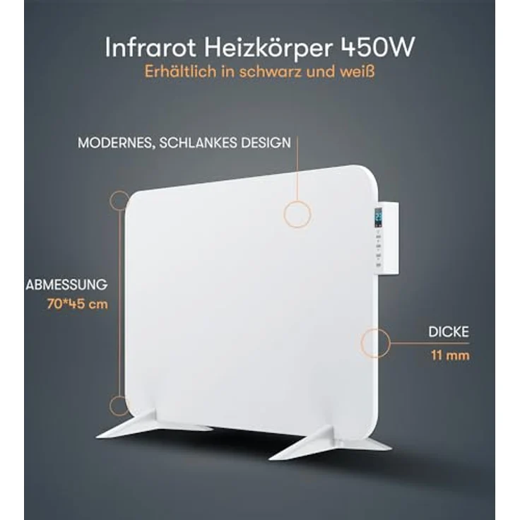 BR Bringer Metall Infrarotheizung 450 Watt mit Smart Thermostat und Fernbedienung, WIFI und App - als Wandheizung oder mobiles Standgerät, Energiesparend - Deutsche Qualitätsmarke (weiß) – Bild 2