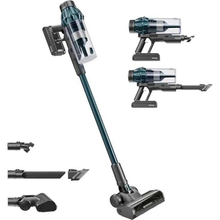H.Koenig UPX32, Kabelloser 2-in-1 Staubsauger mit 50 Minuten Laufzeit, 3 Saugstufen, 400 W Leistung und LED-Bürste, Blau