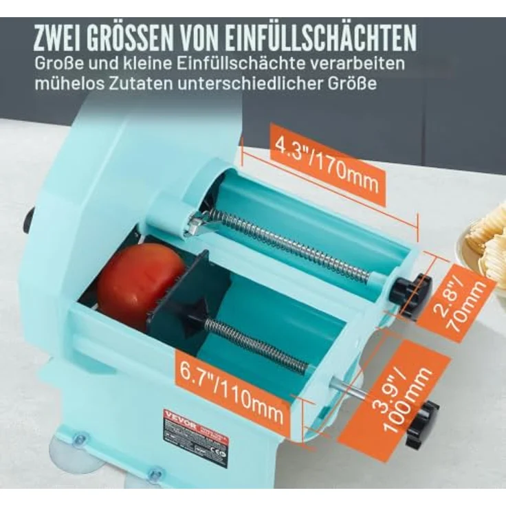 VEVOR Manueller Gemüse- und Obstschneider, 0–12 mm Dicke, mit Edelstahlklingen und doppelten Zufuhröffnungen für präzise Schnitte von Gurken, Zitronen und Tomaten – Bild 5
