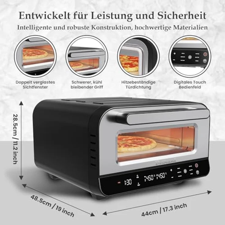 BOLKANI Elektrischer Pizzaofen mit Pizzastein und Pizzaschieber, 450°C, 1700W, Timer und Innenbeleuchtung, für knusprige Steinofen-Pizza in 2 Minuten – Bild 2
