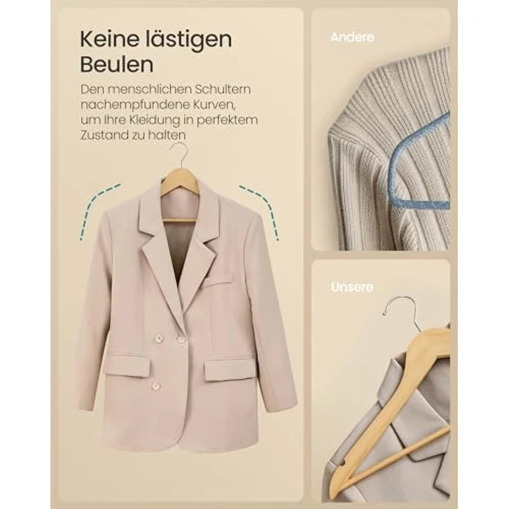 SONGMICS Kleiderbügel Holz, 10er Set, schlank aus Birkenholz, 360° drehbarer Haken, für schwere Winterjacken – Bild 5