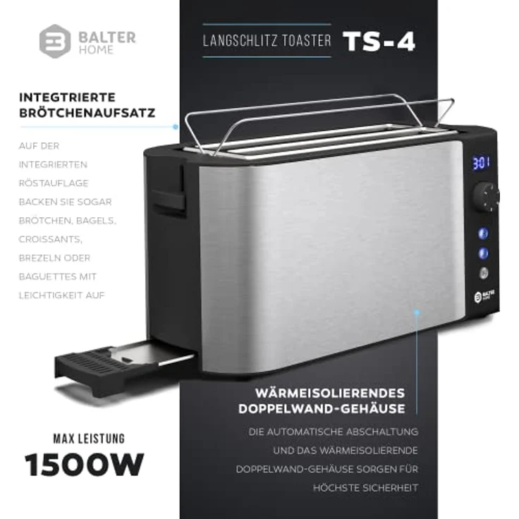 Balter TS-04-LCD, 4-Scheiben Langschlitztoaster mit 1500W, LCD Display, Restzeitanzeige, Doppelwandgehäuse, Brötchenaufsatz, Auftaufunktion, Silver – Bild 2